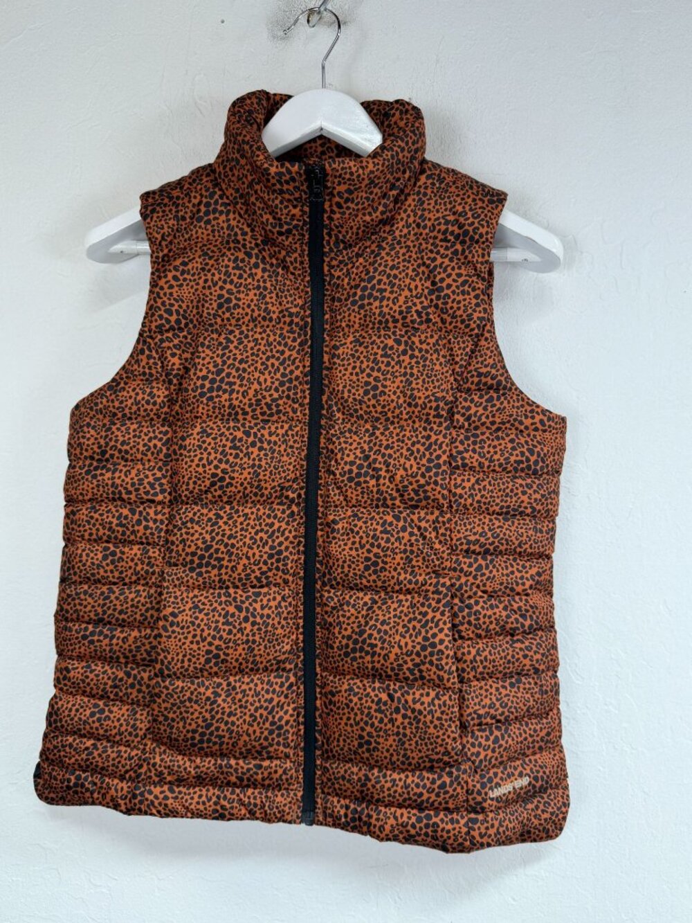 Lands' End Women's Leopard Print Down Puffer Vest Full Zip Size Small 6-8 Orange